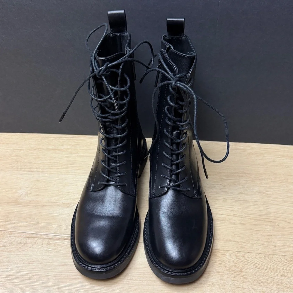 Tory Burch Black Embossed Logo Leather Lace-Up Boots, SIZE 8